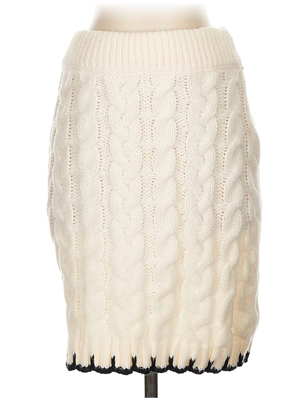 Cream Cable-Knit Pencil Skirt with Contrast Trim